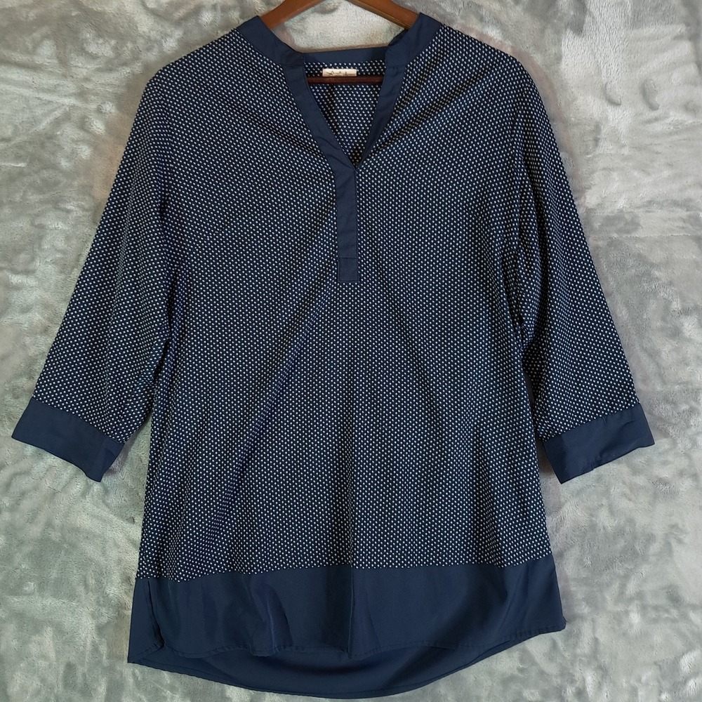 Antilia Femme Women L Navy Blue Geometric Print Roll Tab Sleeve Border Tunic